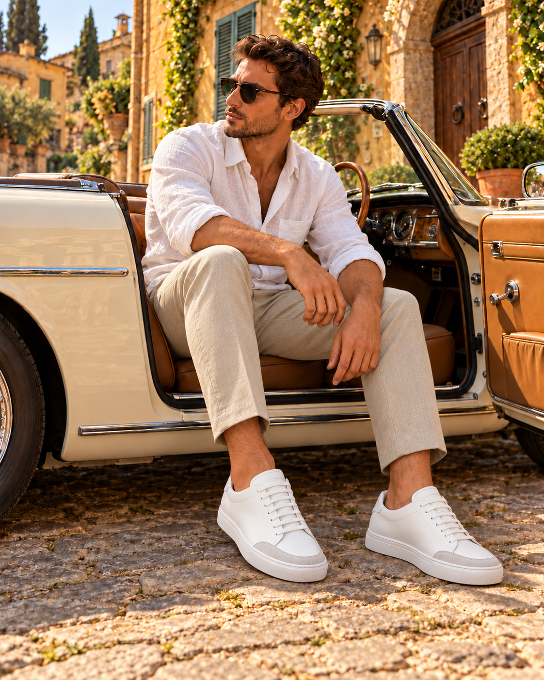 A man in a white linen shirt and stone trousers seated in a vintage convertible, wearing the Bianco Everyday