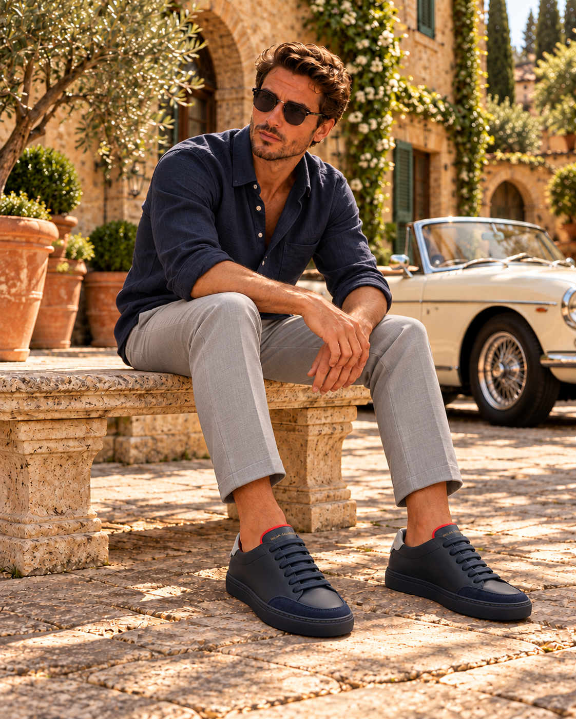 A man in a navy linen shirt and light grey trousers seated on a stone bench beside a vintage convertible, wearing the Blu Notte Everyday