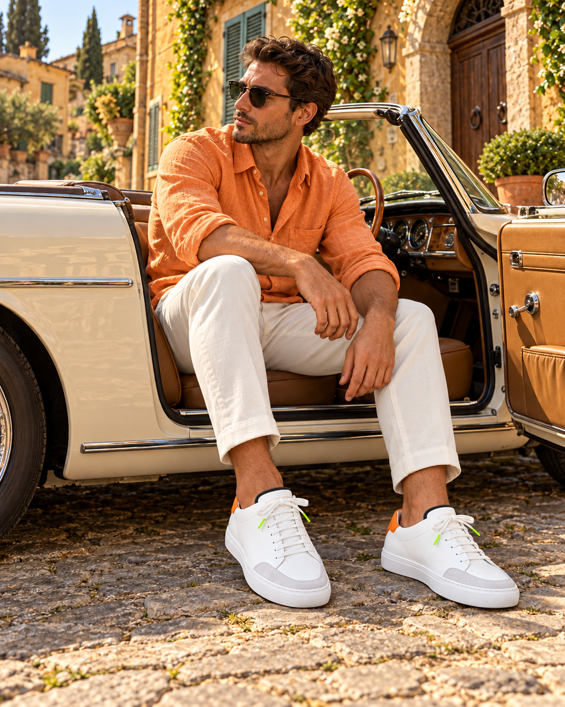 A man in an orange linen shirt and white trousers seated in a vintage convertible, wearing the Mandarino Everyday