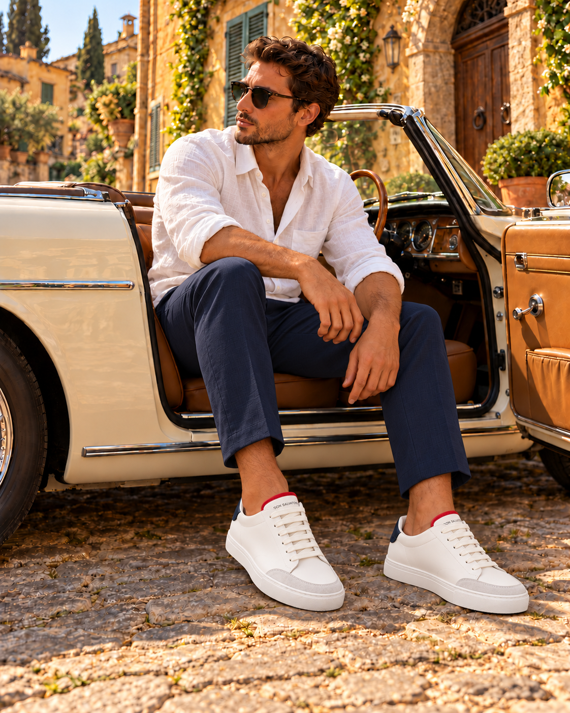 A man in a white linen shirt and navy trousers seated in a vintage convertible, wearing the Patriot Everyday
