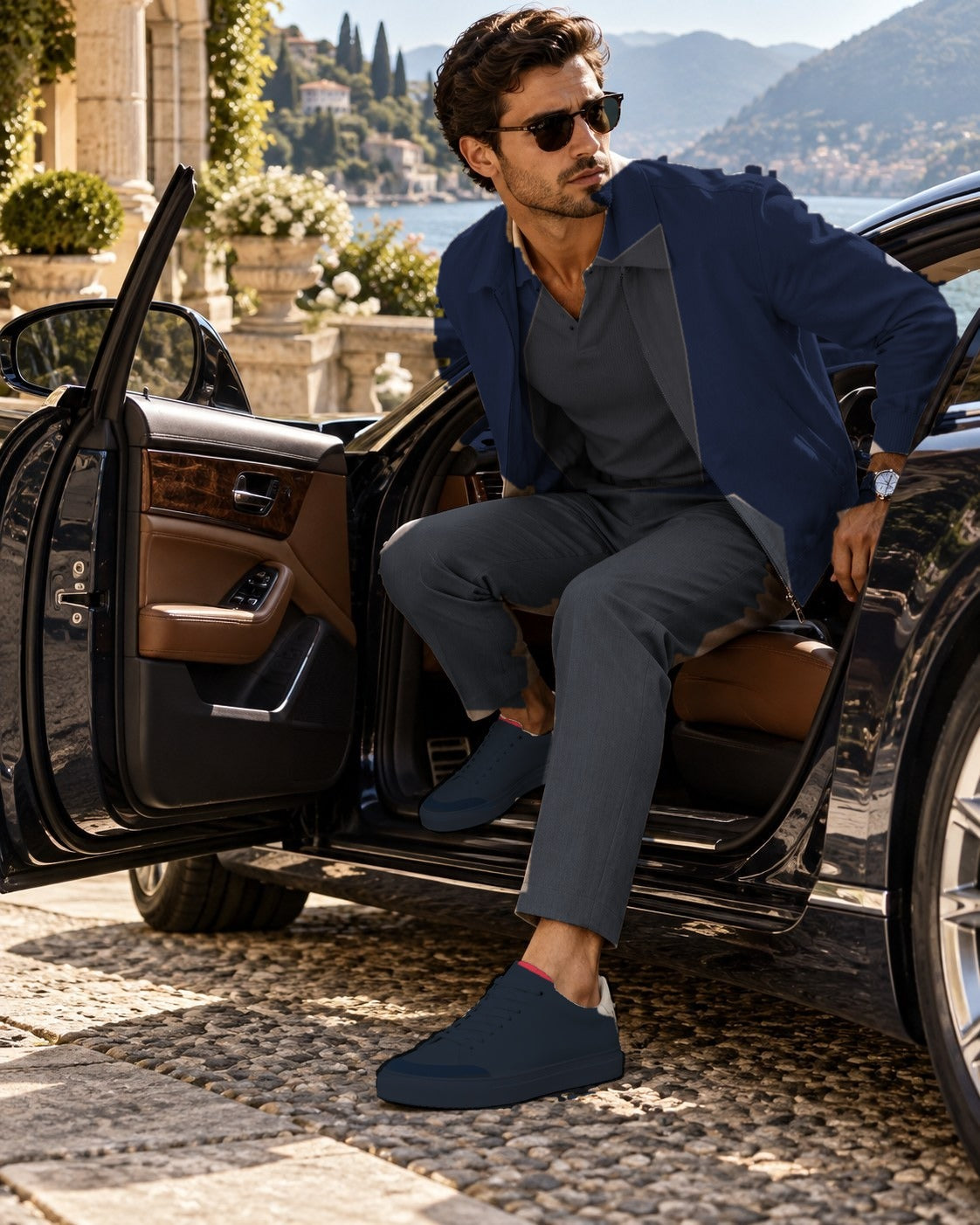 A man in a navy jacket and grey trousers stepping out of a car on the Italian lakes, wearing the Blu Notte Everyday