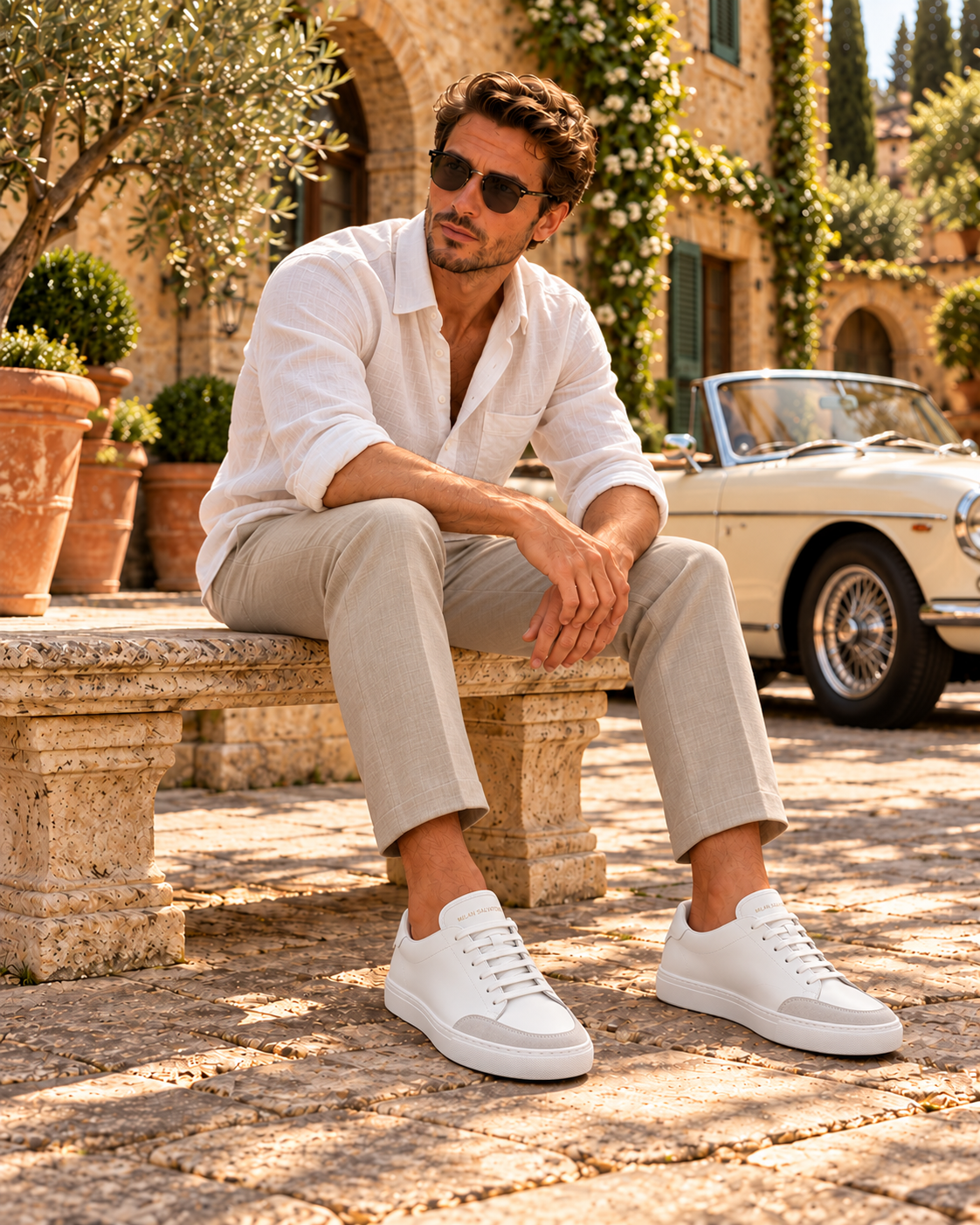 A man in a white linen shirt and stone trousers seated on a stone bench beside a vintage convertible, wearing the Bianco Everyday