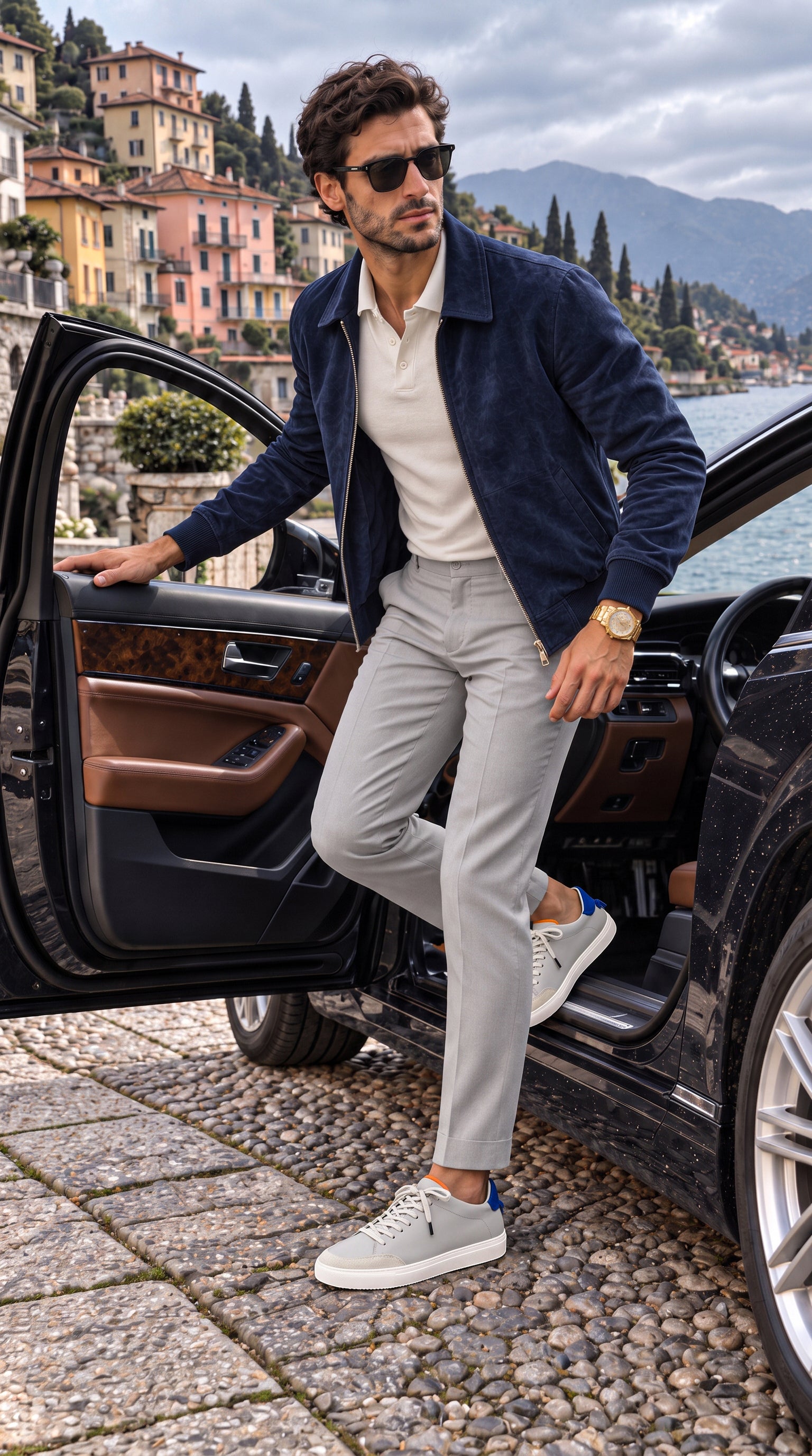 A man in a navy suede jacket and light grey trousers stepping out of a car on Lake Como, wearing the Grigio Everyday