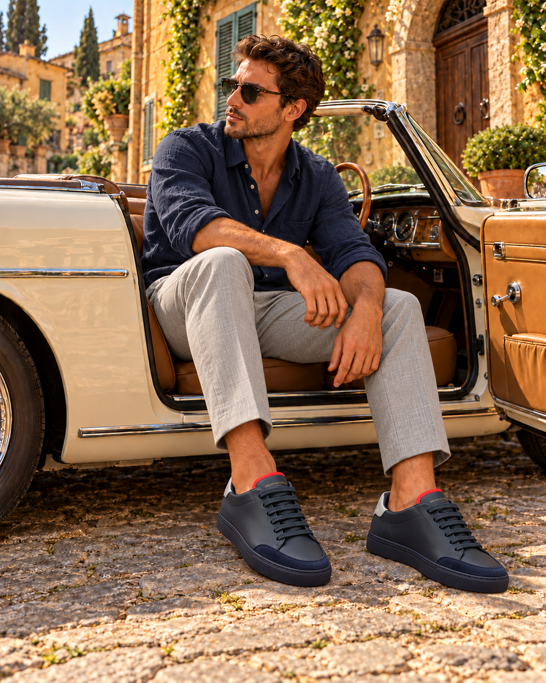 A man in a navy linen shirt and light grey trousers seated in a vintage convertible, wearing the Blu Notte Everyday