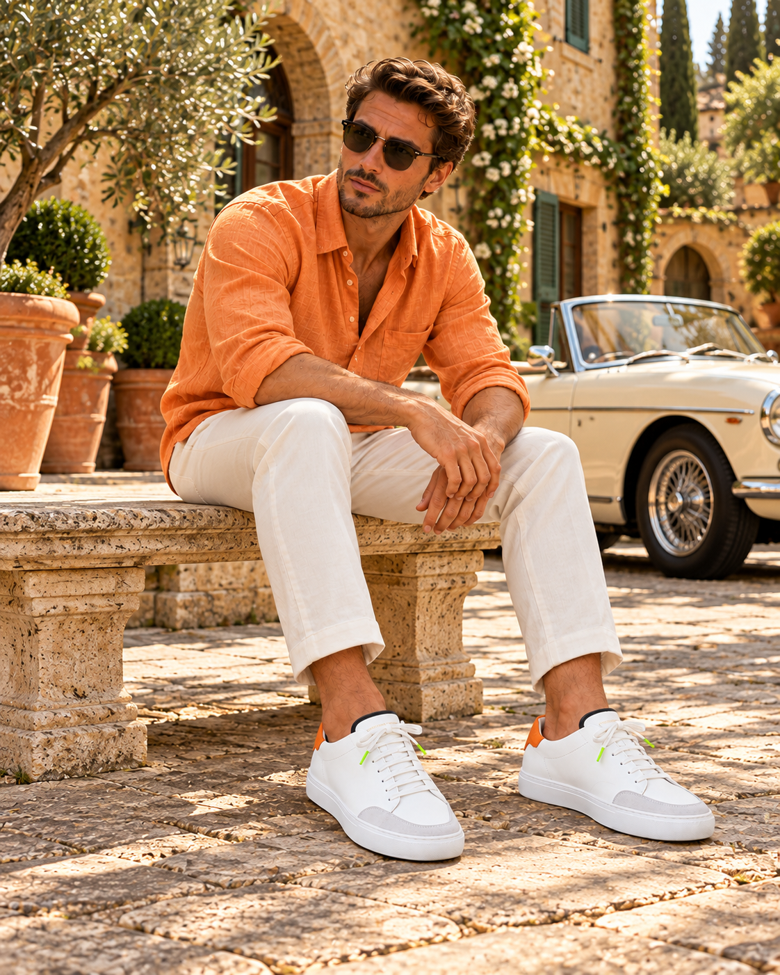A man in an orange linen shirt and white trousers seated on a stone bench beside a vintage convertible, wearing the Mandarino Everyday