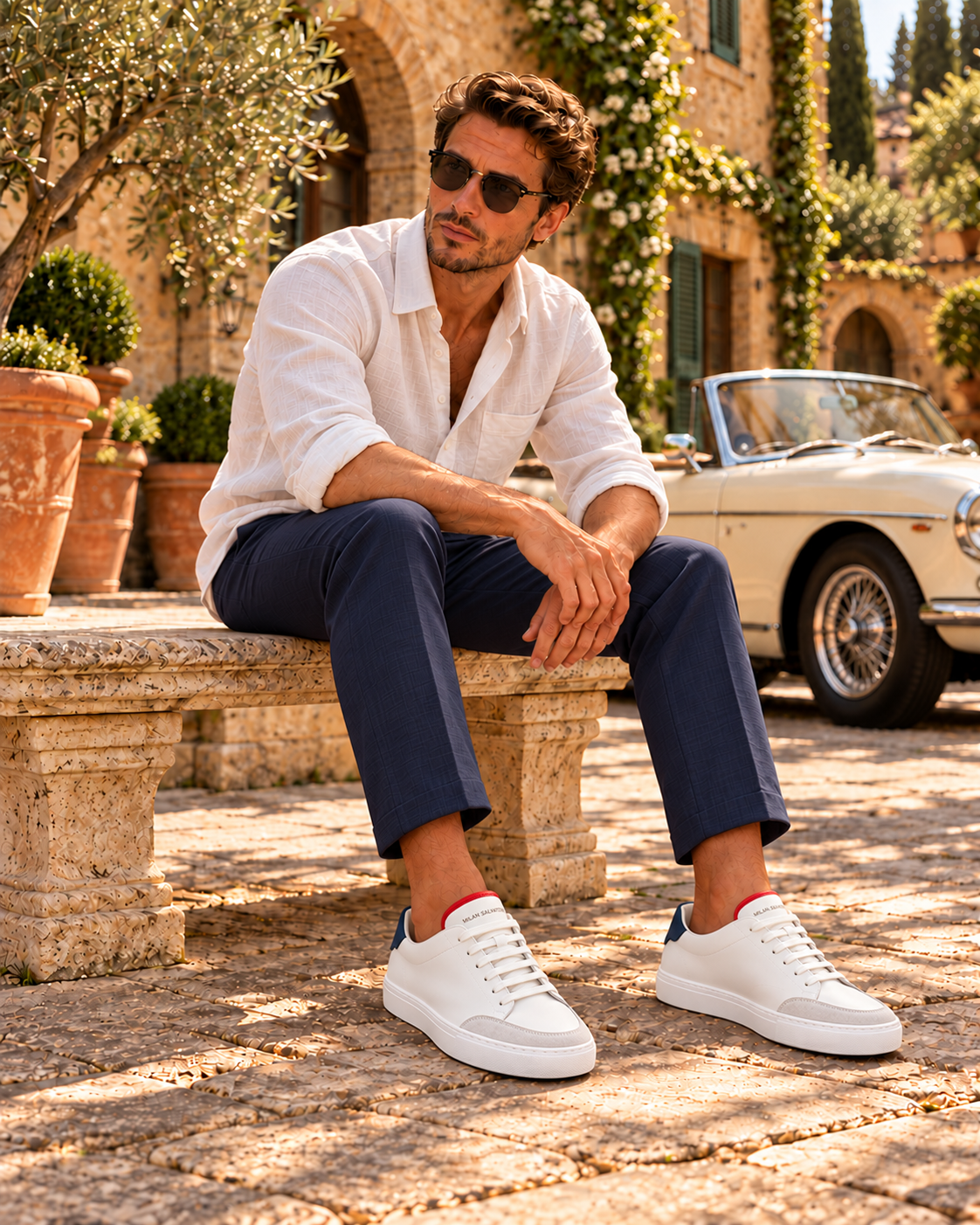 A man in a white linen shirt and navy trousers seated on a stone bench beside a vintage convertible, wearing the Patriot Everyday