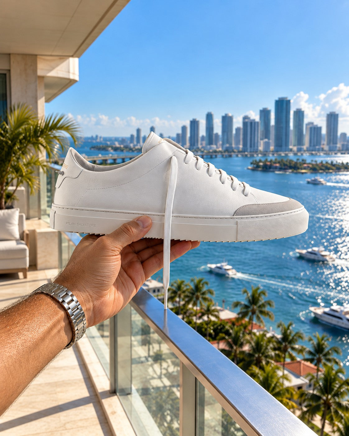 A hand holding up the Bianco Everyday on a sunlit Miami balcony overlooking Biscayne Bay and the skyline