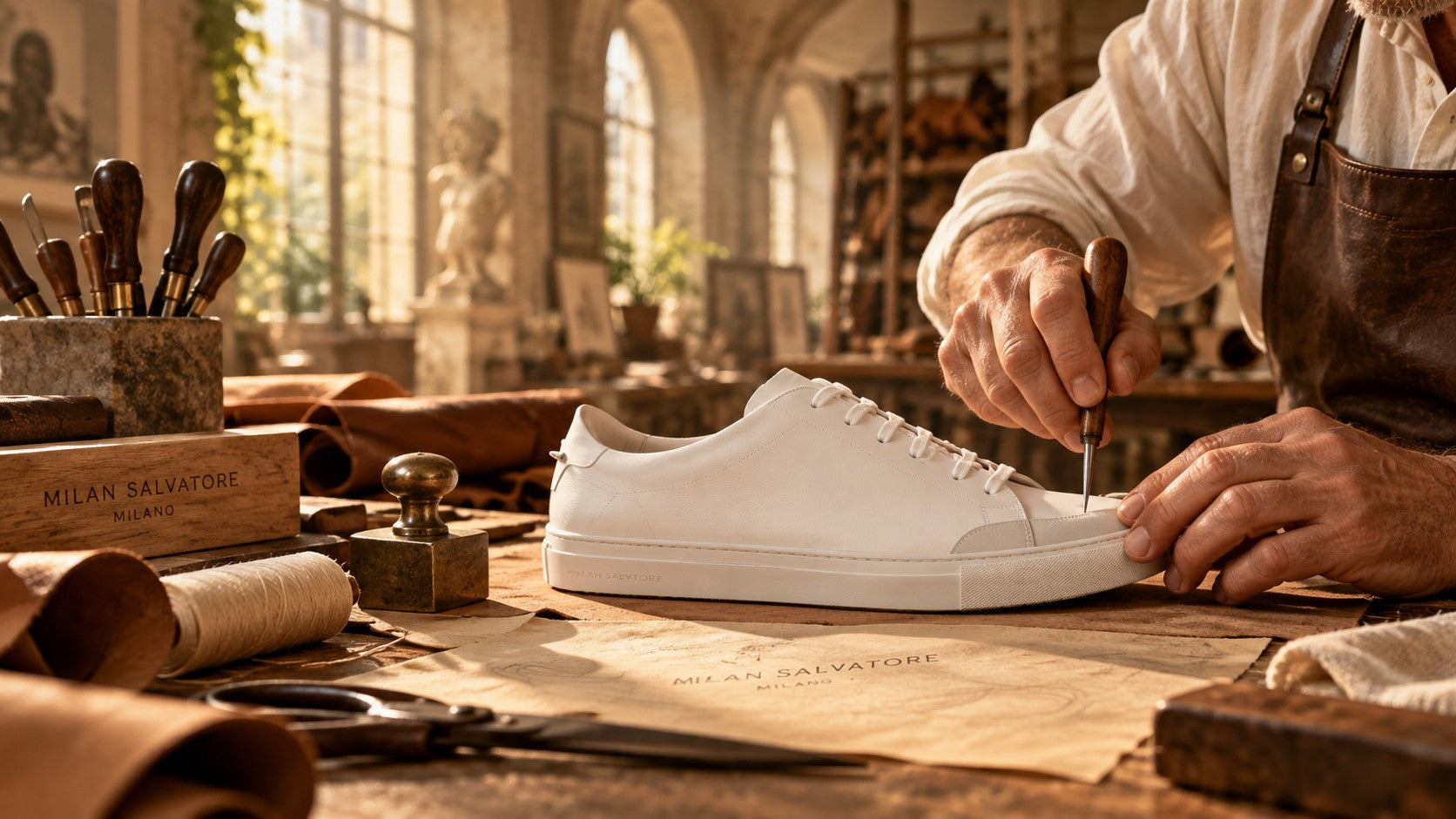 An artisan's hands finishing a white Milan Salvatore sneaker with an awl at a sunlit workbench in the atelier