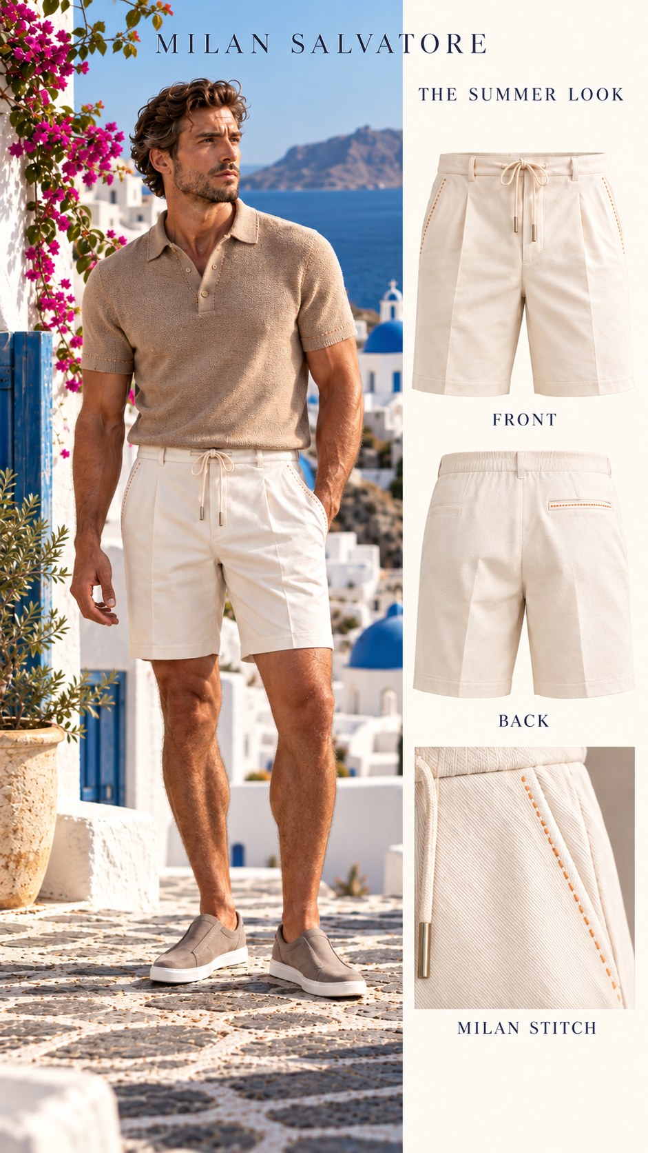 A first look at the Milan Salvatore summer look: a taupe knit polo and cream pleated drawstring shorts with the Milan pick-stitch detail, on a whitewashed Greek island terrace
