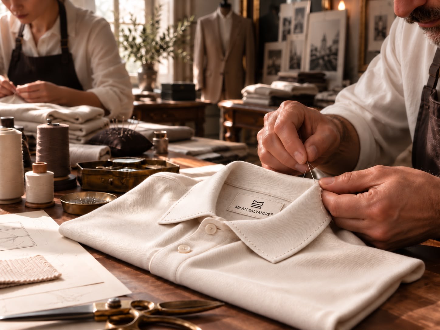 An artisan hand-sewing a pick stitch on the collar of a cream Milan Salvatore polo in the atelier